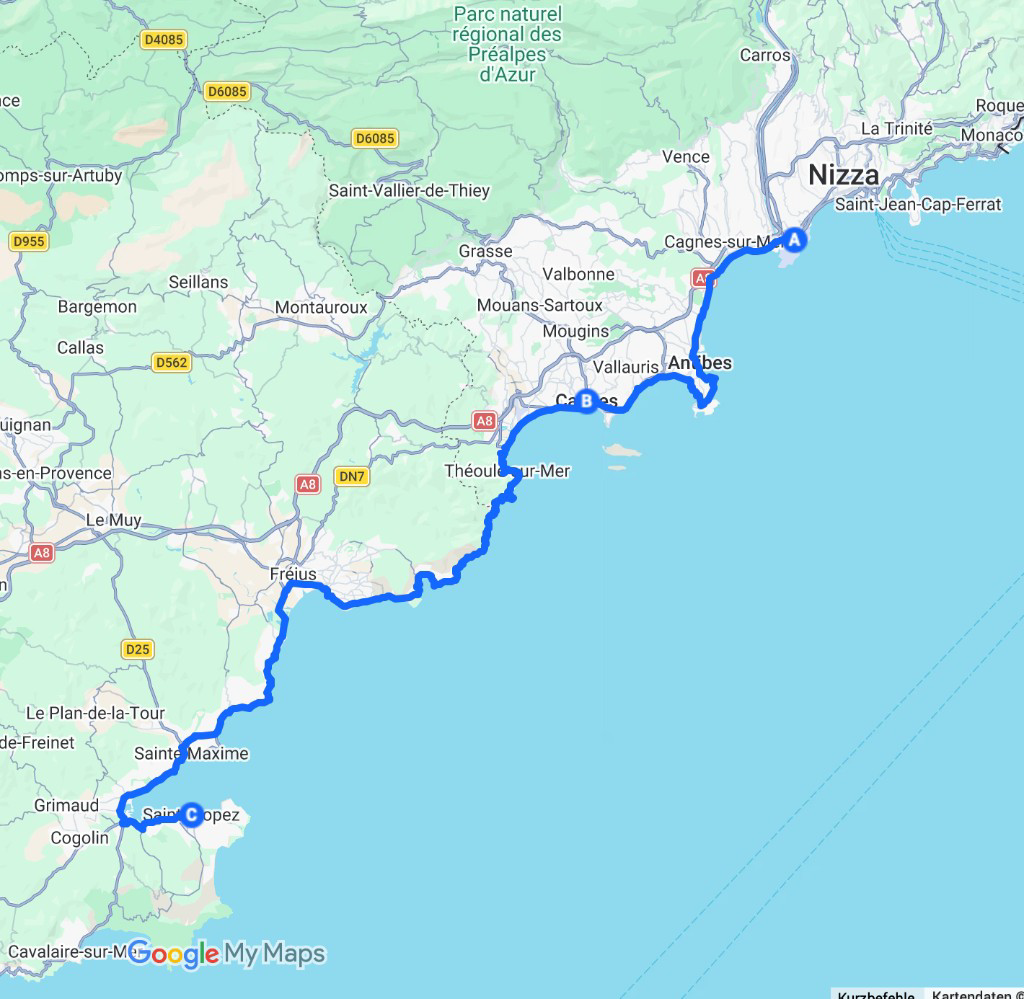Beispielroute an der Côte d'Azur mit Nizza, Cannes und Saint-Tropez